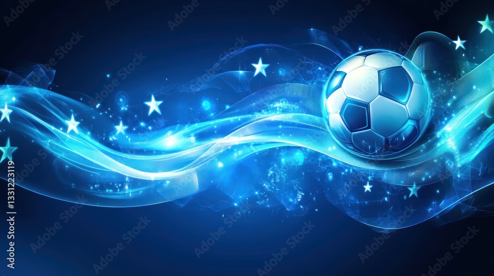 Naklejka premium Glowing soccer ball with blue wave and stars.