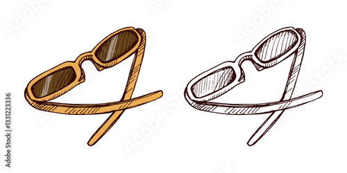 Hand - drawn colored and monochrome sketch of stylish sunglasses in vintage style