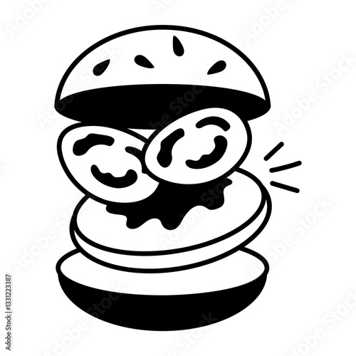 A doodle style icon of large burger with petty and tomatoes 
