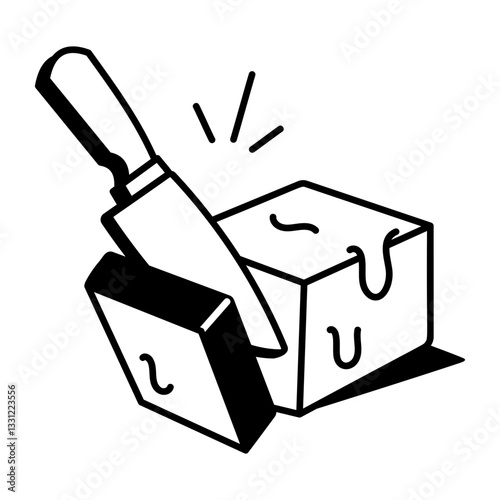A hand drawn icon of cutting butter with knife 

