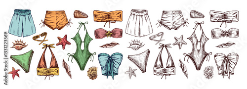 Hand drawn colored and monochrome sketch of summer swimwear set with seashells