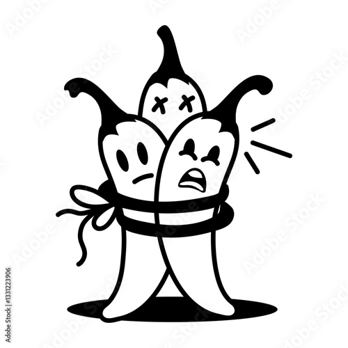 Red chillies tied with rope, doodle style icon 