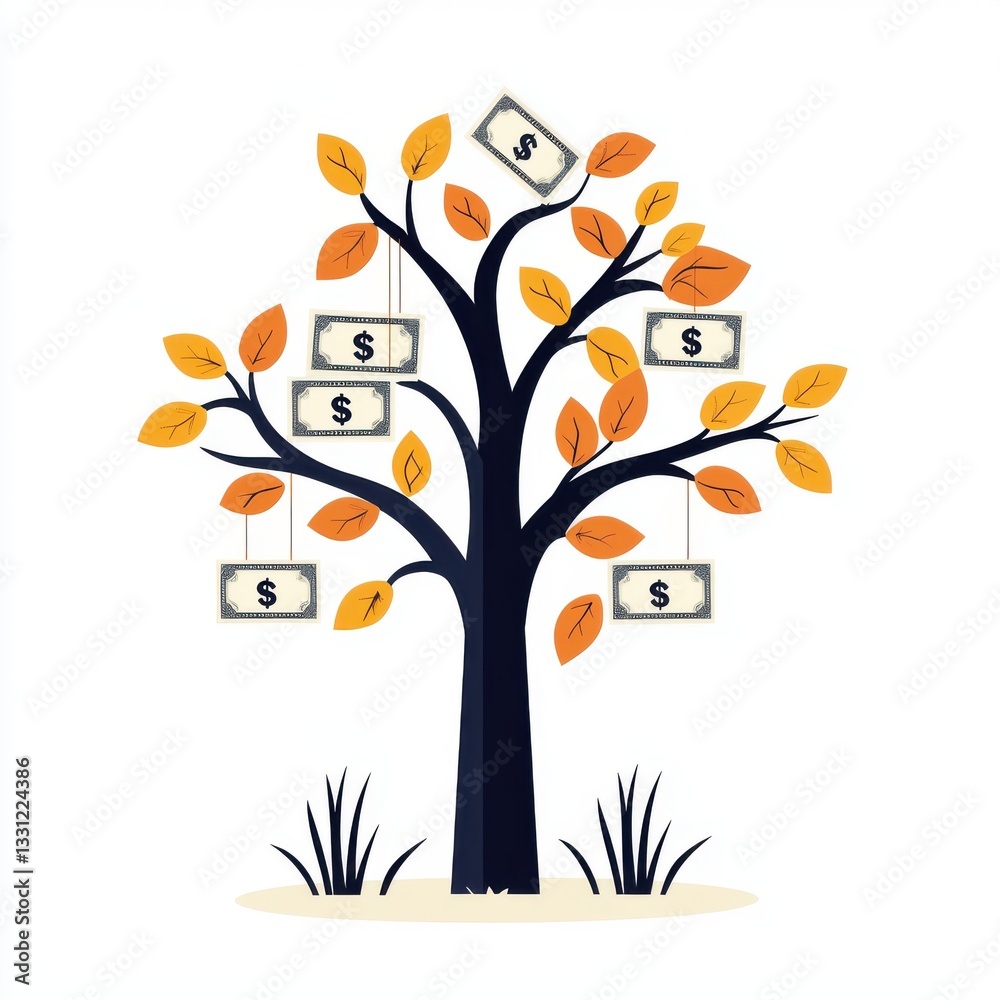 Fototapeta premium establishment success competition business concept. Illustration of a tree with money bills as leaves.
