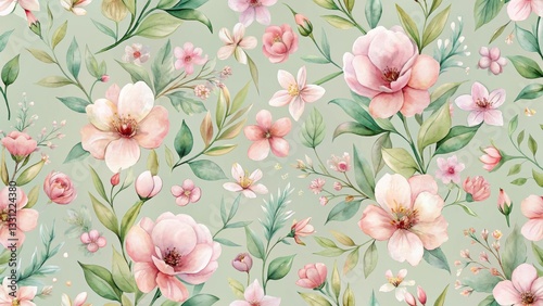 Delicate Watercolor Floral Pattern Featuring a Soft Pastel Palette of Pink Blossoms and Lush Greenery, Ideal for Textile Designs and Various Artistic Applications