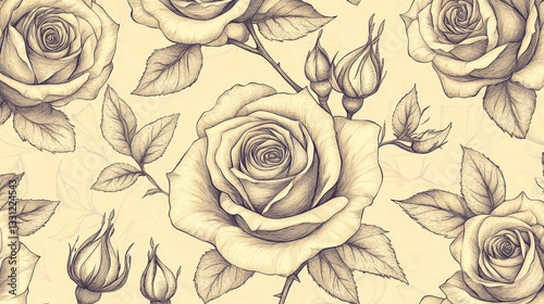 Elegant Botanical Pattern of Delicate Roses in Soft Color Palette