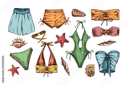 Hand drawn colored sketch of summer swimwear set with seashells