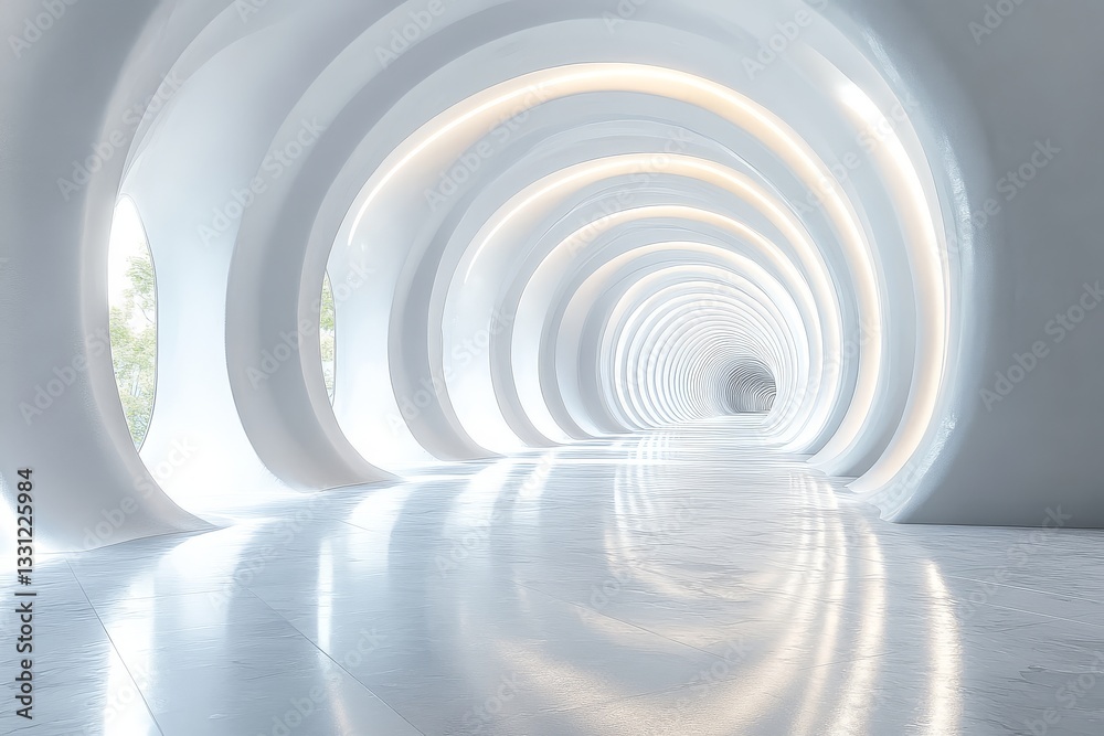 Fototapeta premium Abstract futuristic white empty room with light lines and corridor background, 3D rendering illustration.