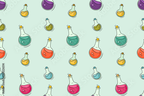 Halloween pattern with bottles with magic potion, poison, elixir. Sketch background with witch glass jars, vintage alchemy and apothecary bottles with potions, vector hand drawn seamless pattern