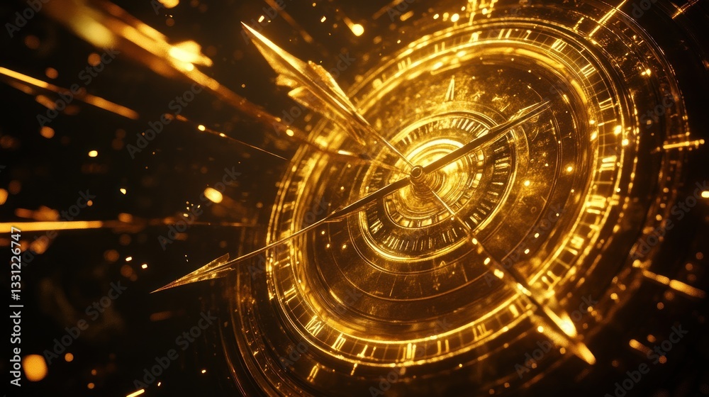 Obraz premium Golden compass with glowing arrows and particles, symbolizing direction and exploration.