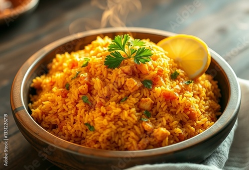 A plate of Jollof Rice with parsley and lemon