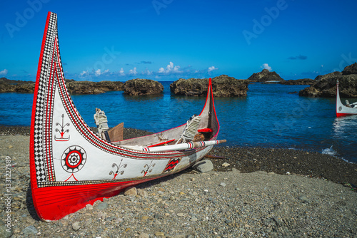Canvastavla Lanyu traditional canoe at Dongqing bay in Lanyu, Taitung County, Taiwan