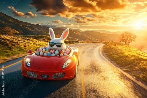 A white rabbit, wearing sunglasses, drives a red sports car brimming with colorful Easter eggs. The scene features a scenic sunset, winding roads, rolling hills, and a vibrant, whimsical atmosphere.