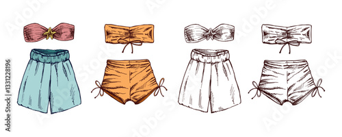 Hand drawn colored and monochrome sketch of summer swimwear set with shorts and bikini tops