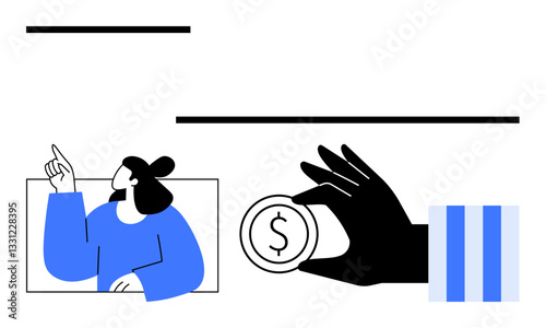 Woman pointing upward from frame with hand holding coin next to it symbolizes financial ideas, investment opportunities, and guidance. Ideal for finance, creativity, strategy, investment, teamwork