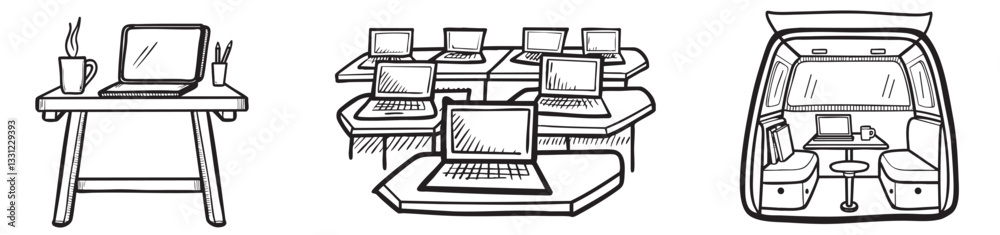 Fototapeta premium Digital nomad collection. Illustration of different workspaces and desk setups featuring computers.