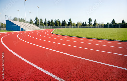 The image shows a red track with white lines, bordered by a grassy field and a row of tall trees in the distance.