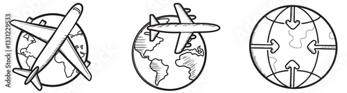 Digital nomad collection. Airplanes and globe illustrations representing travel and global connectivity.