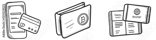Digital nomad collection. Illustration of digital payment methods and wallets.