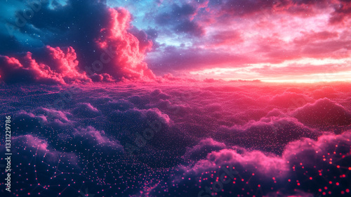 A sky full of pink clouds with a bright orange sun in the background