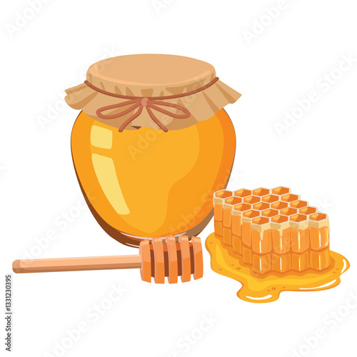 Honeycombs, honey in glass  jar and Honey Dipper isolated on white background. Vector cartoon illustration of organic natural sweets