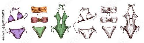 Hand drawn colored and monochrome sketch of summer swimwear collection with stylish details