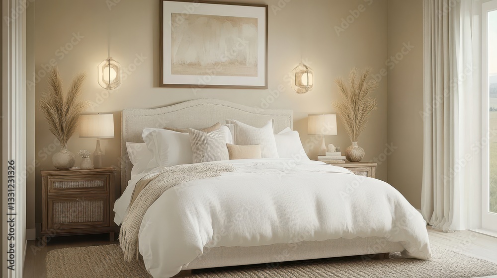 Cozy and elegant bedroom with neutral tones and natural textures Cozy and elegant bedroom with neutral tones and natural textures