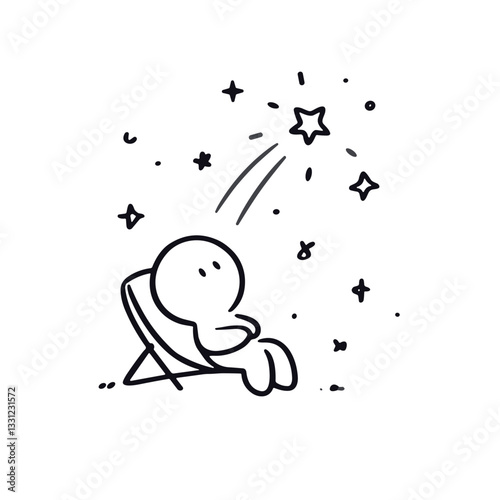 Cute cartoon character stargazing while relaxing in a chair, enjoying a peaceful night sky