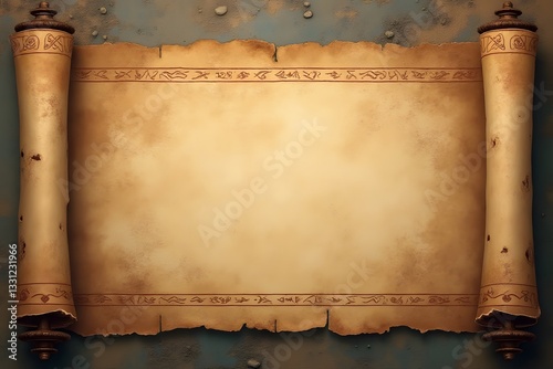 Antique Parchment with Ornate Rollers and Decorative Border, Background with Aged Scroll