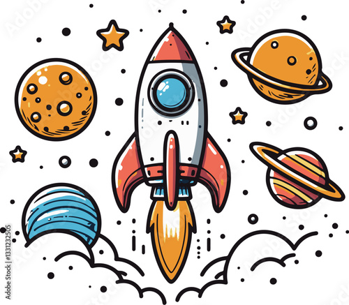 Cartoon rocket ship launching into space