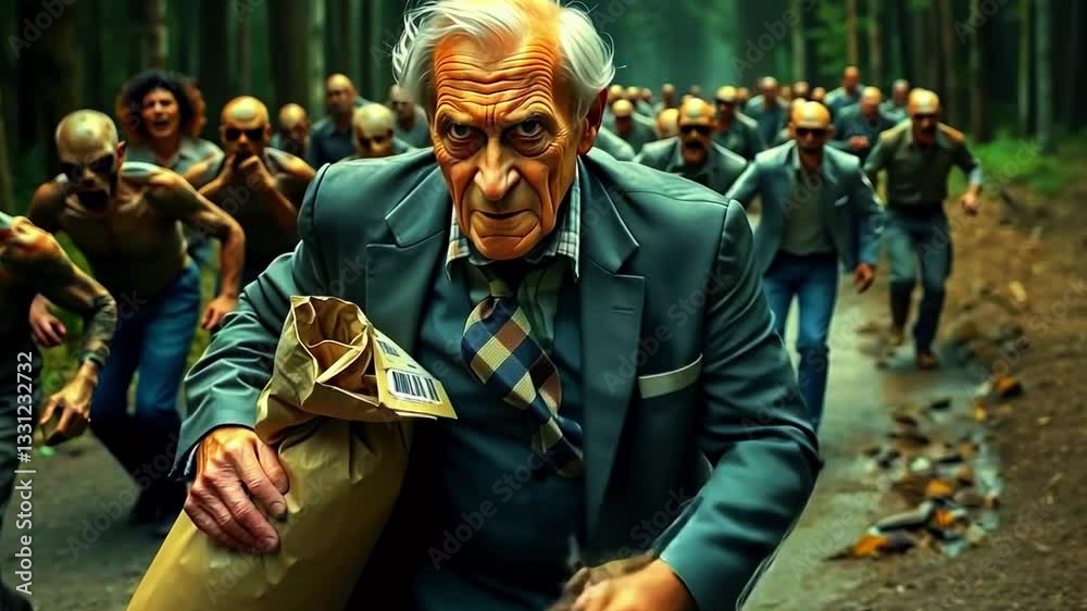 An elderly man runs away from a horde of zombies in a dense forest, showcasing a dramatic escape scene