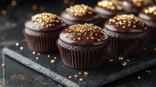 A luxurious tray of three-layer chocolate muffins, with a glossy chocolate glaze and edible gold flakes sprinkled on top, set on a dark slate board for a stunning, high-end display.