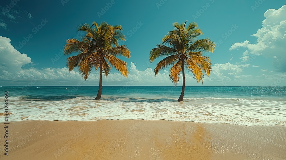 Obraz premium Tropical Paradise: Two Palm Trees on a Pristine Beach