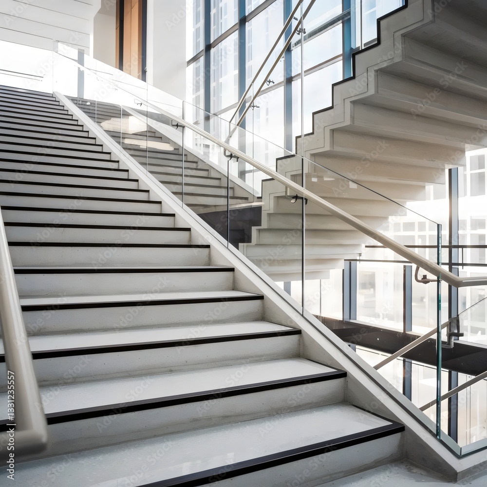 Close-up photo of modern staircase with polished concrete steps and glass railing – Ideal for minimalist architecture, home renovation, or interior design websites. Close-up photo of modern staircase with polished concrete steps and glass railing – Ideal for minimalist architecture, home renovation, or interior design websites.