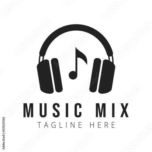 Modern music logo with stylish headphones and text in black color. Perfect for music projects, DJs, recording, podcasts, radio, streaming services, online platforms, festivals and blogs