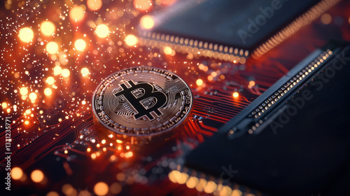 artistic Bitcoin coin with intricate details surrounded by glowing sparks