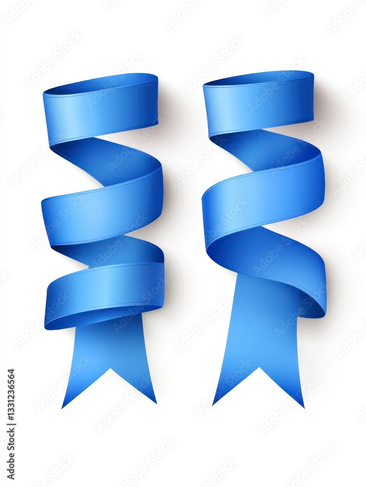 Two Blue Ribbon Curls on White Background for Decoration or Design Two Blue Ribbon Curls on White Background for Decoration or Design