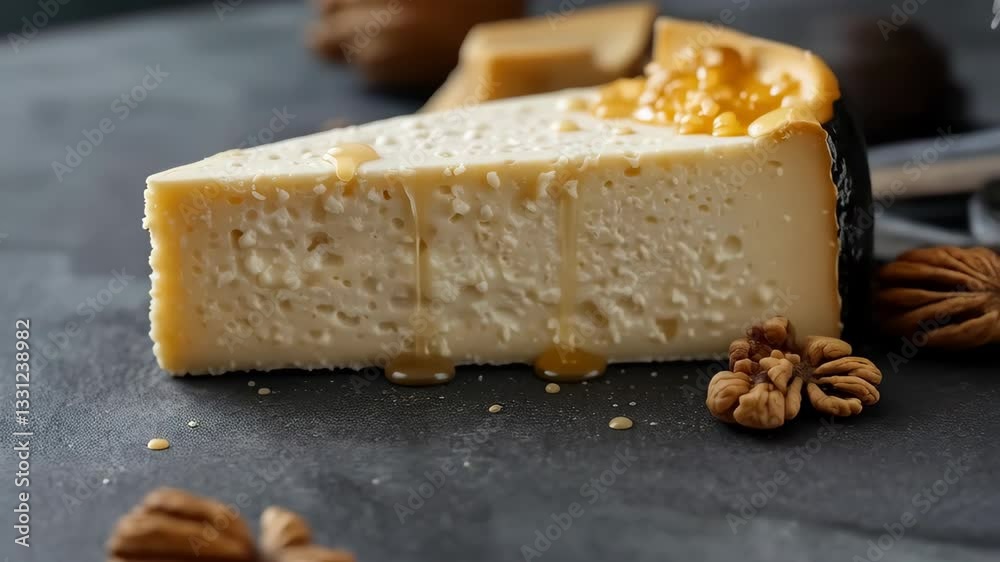 Creamy Honey Drizzled Cheese Slice with Walnuts Gourmet Dessert Closeup Creamy Honey Drizzled Cheese Slice with Walnuts Gourmet Dessert Closeup