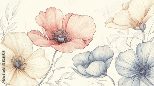 Wallpaper Mural Delicate Pastel Floral Drawings in Soft Pen Style with Graceful Floral Designs Torontodigital.ca