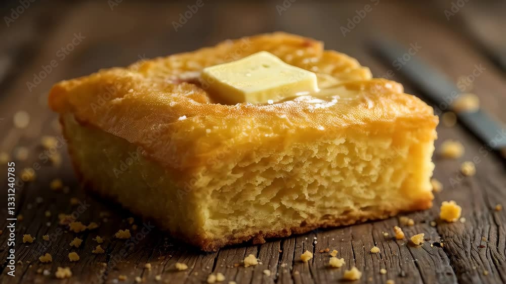 Delicious golden brown cornbread slice topped with melting butter on rustic wooden background Delicious golden brown cornbread slice topped with melting butter on rustic wooden background