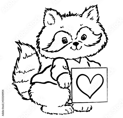 Cute Raccoon Cartoon Holding Heart, Retro Vector Illustration, Scalable