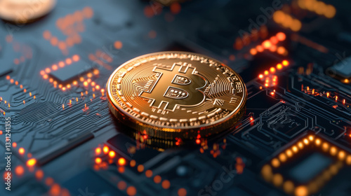 Bitcoin cryptocurrency coin on circuit board with glowing lights, symbolizing digital finance and technology