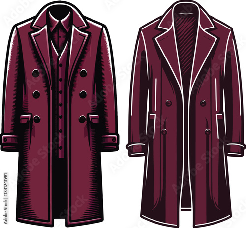 Burgundy Color Man overcoat Art technical fashion illustration Design.