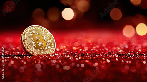 close up of glowing golden cryptocurrency coin on sparkling red background, evoking sense of wealth and luxury