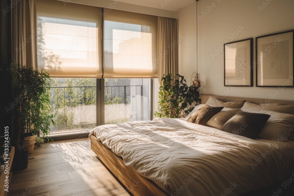 Fototapeta premium Sunlit bedroom with wooden bed, plants, and neutral decor.