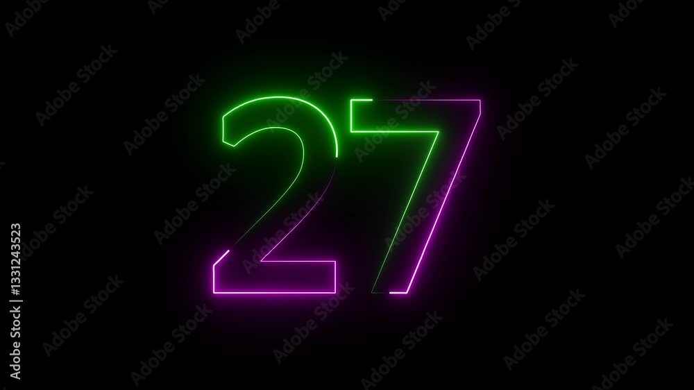 The neon 27 text icon animation features glowing, pulsating letters that shift colors and fade in and out, creating a dynamic, energetic, and visually captivating effect. The neon 27 text icon animation features glowing, pulsating letters that shift colors and fade in and out, creating a dynamic, energetic, and visually captivating effect.