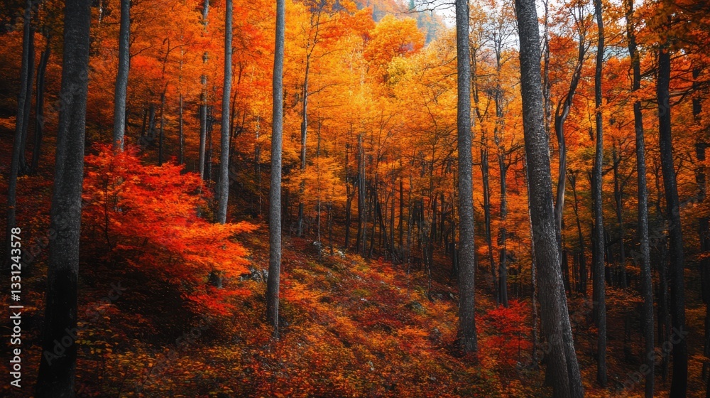 A mountain forest during fall, with bright orange A mountain forest during fall, with bright orange