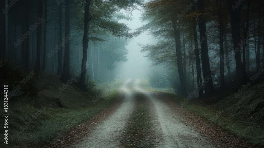 Fototapeta premium A narrow dirt road leading into a mystical misty forest,