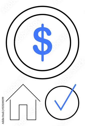 Blue dollar sign surrounded by a circle, house outline, and blue checkmark. Ideal for finance, real estate, savings, investment, mortgage housing loans financial planning. Flat simple metaphor