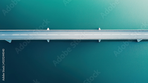 Aerial view of a long road bridge over calm blue water on a sunny day