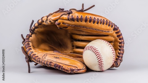 A baseball glove and ball are placed neatly on a plain background, showcasing the leather texture and stitching of the glove.